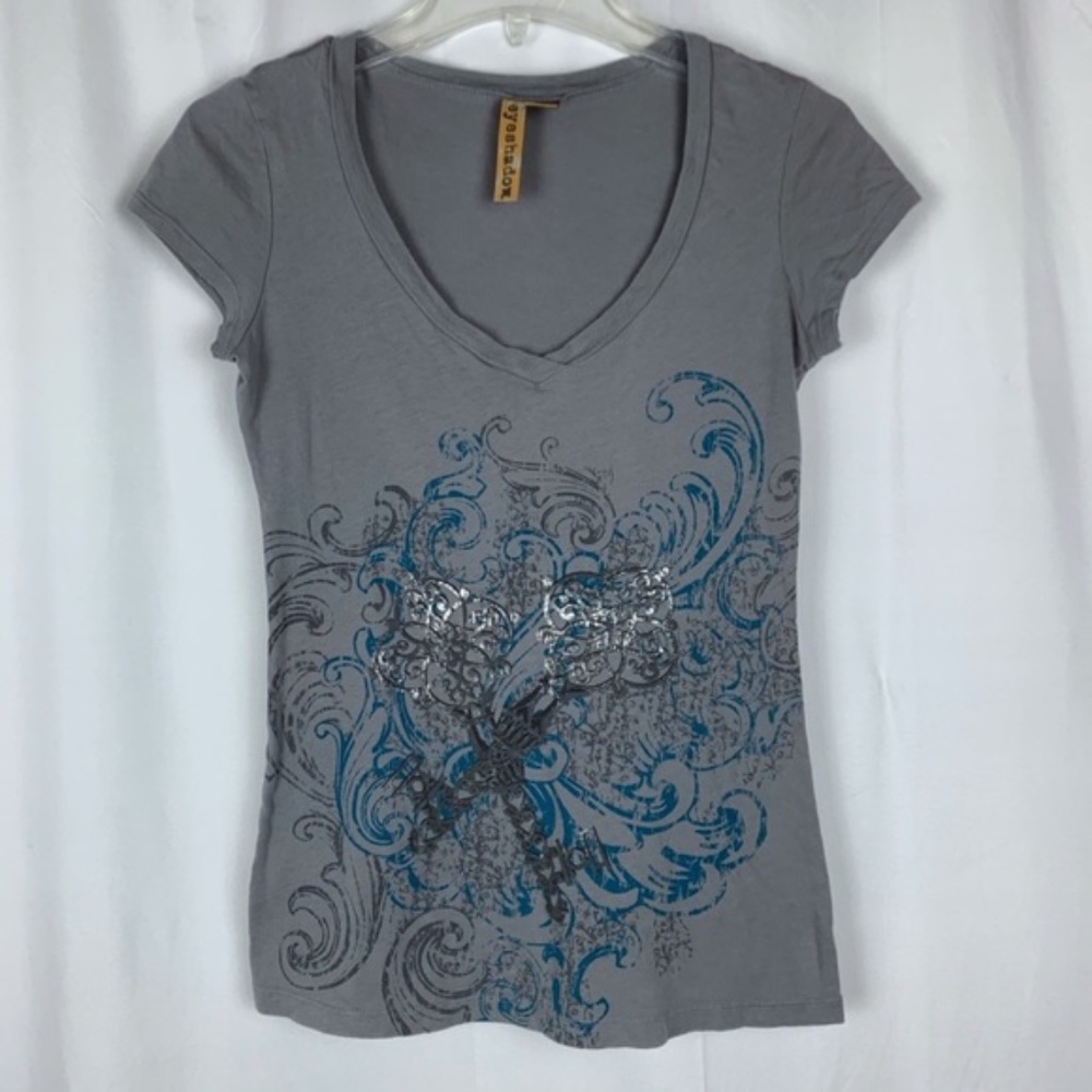 Eyeshadow women's gray V-neck graphic tee, medium